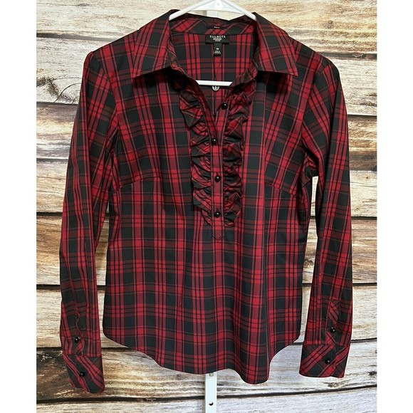 Talbots Petites Red Black Buffalo Plaid Ruffle Front Button Up Shirt Sz 4P New - Picture 1 of 8